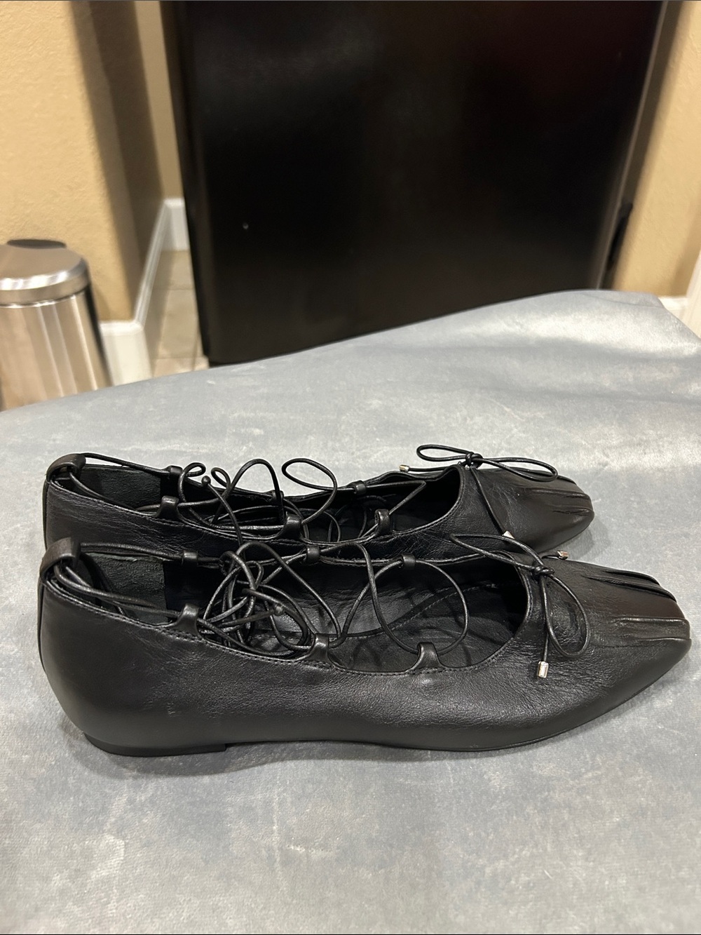 SCHUTZ Black Leather Lace-Up Fringe Ballet Flats  no Box / lace up flats - Picture 5 of 8